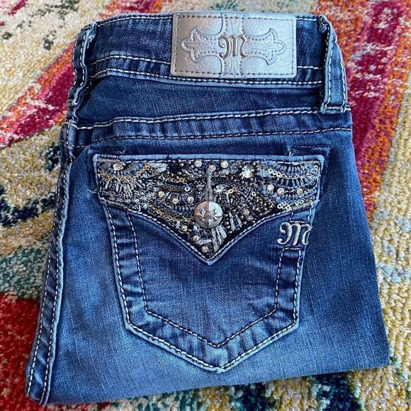 Miss Me Rhinestone Sequin Mid-Rise Skinny Jeans - Picture 1 of 13